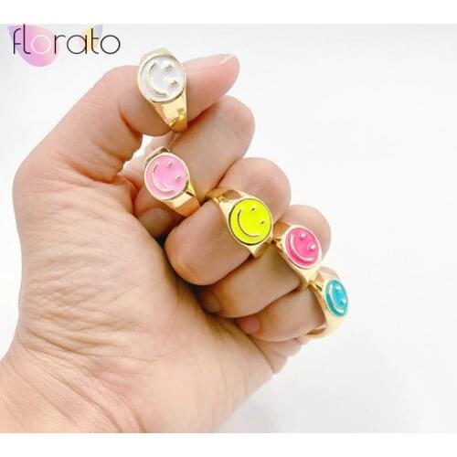 24K Gold Smile Enamel Thick Ring for Women Luxury Spring Fine Jewelry White Black Pink Blue Yellow Smiley Women Gift