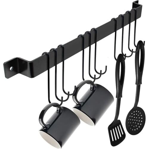 Kitchen Pot Pan Hanger Wall Mounted Rail Rack with 10 Hooks Utensil Cookware Shelf Farmhouse Style Black
