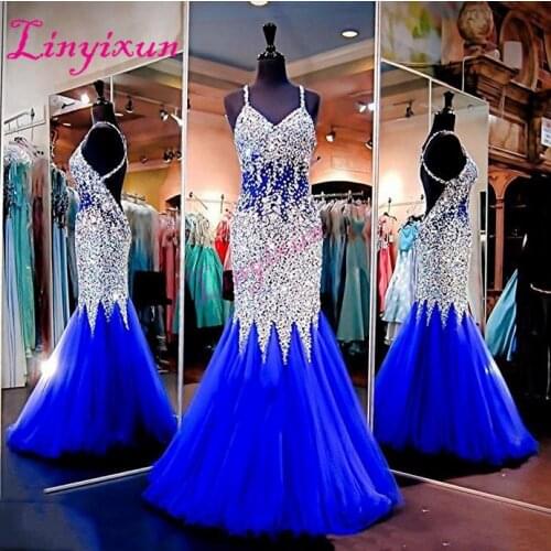Linyixun Sexy Backless Prom Dress 2018 Royal Blue Crystals Long Formal Evening Dresses Luxury Straps Robe de Soiree Abendkleider