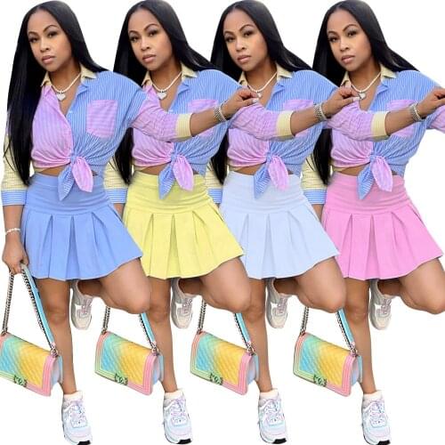 Zoctuo Two Piece Mini Skirt Sets Lace Up Striped Long Sleeve Crop Top And Skirt Sets Sexy Club Party Summer Skirt Set For Women