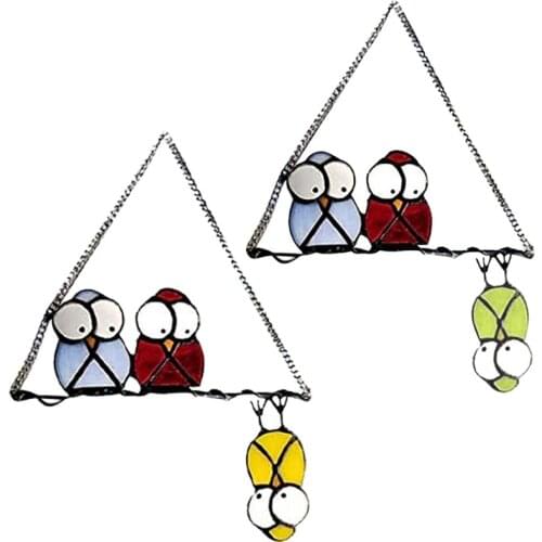 Multicolor Stained Glass Owl Window Hanging Chain Suncatcher Pendant Bird Ornaments for Wall Garden Yard Outdoor Decor