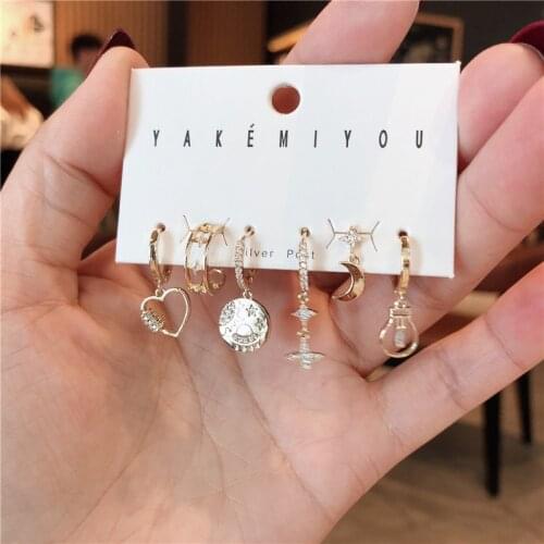 Fashion Brilliant Crystal Zircon Heart Small Hoop Earrings 6 Pcs Set Korean Style Earrings For Women Minimalist Jewelry 2021