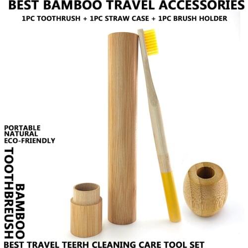 1pc Natural Column Bamboo Toothbrush Set Portable with Handcraft Tube Bamboo Case Bamboo Toothbrush Holder for Travel Camping