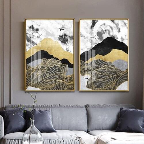 New Chinese Style Abstract Ink Golden Line Modern Painting Mountain Peak River Living Room Porch Simple Frameless Core Decor
