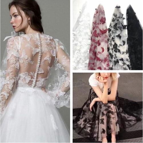 New Wine White Black Butterfly Light Soft handmade 3D Applique mesh embroidery Cloth dress bridal wedding dress tulle fabric