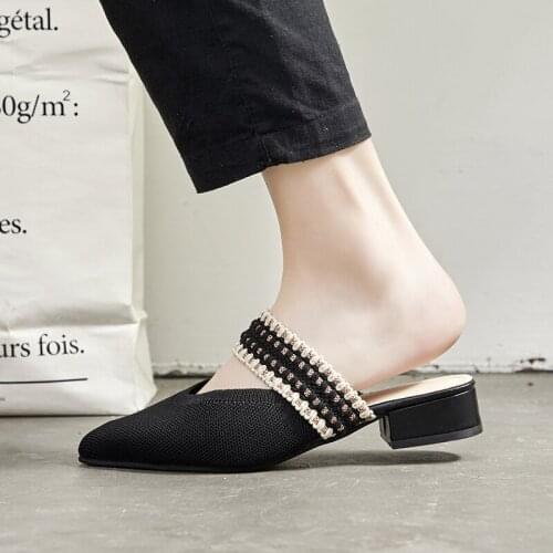 New style ladies slippers spring knitted elastic band womens shoes ladies pointed slippers square high heel slippers