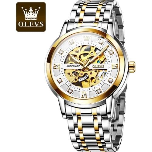 OLEVS Stainless Steel Waterproof Mens Hollow Watch Top Brand Luxury Transparent Mechanical Sports Automatic Winding Mens Watch