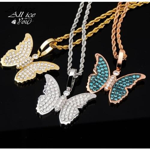 ALLICEONYOU Iced Out Colorful Shining Butterfly Necklace & Pendant Cubic Zircon Shining Mens Hip Hop Jewelry For Women Gift