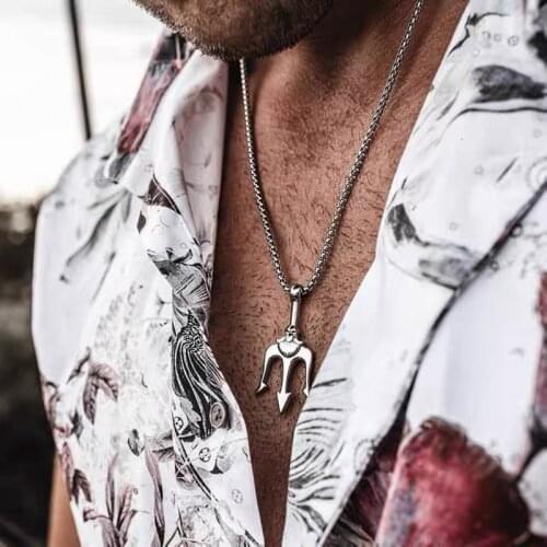 Stainless Steel Trident Pendant Necklace Hip Hop Long Chain Necklace For Women Men Simple Statement Jewelry Sea Lover Gift