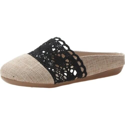 Net red womens shoes Baotou sandals and slippers womens summer social art retro linen lace hollow pregnant womens shoes breat