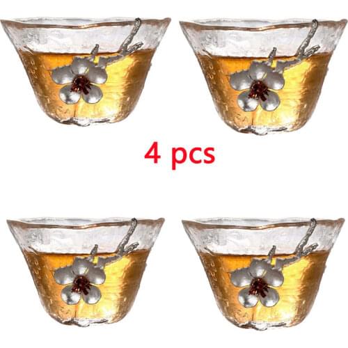 4 Pieces Glass Tea Cup Japanese-style Transparent Tea Cup Master Cup Inlaid with Tin Plum Teacup Small Single Cup Small Tea Bowl