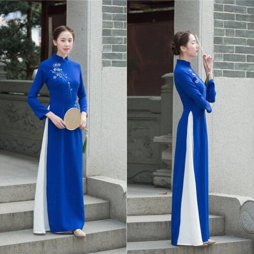 Vietnam Ao Dai Patchwork Tight Dress for Woman Chinese Traditional Costumes Qipao Cheongsams Flower Female Oriental Outfits