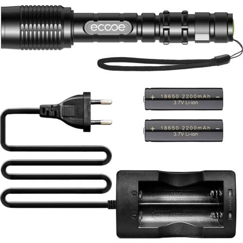 Ecooe 2 CREE XML T6 LED Torch with Battery and Charger Waterproof Flashlight Zoomable Super Bright Torch 5 Modes for Outdoor