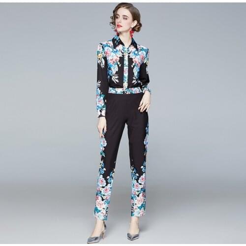 Autumn Runway Suit Set Womens Long Sleeve Printed Blouses Shirts + Vintage Pocket Pencil Trousers Fashion 2 Piece Pants Sets