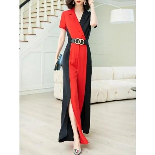 Womens Summer Fashion Patchwork Jumpsuits Office Lady Wide Leg Playsuits Female Notched Collar Sashes Long Rompers Short Sleeve