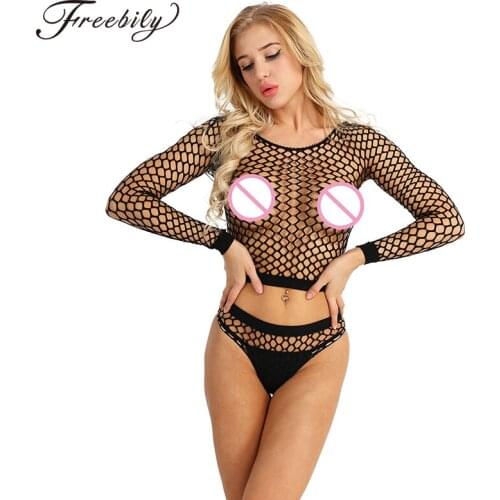 2Pcs Women Hollow Out Bikini Fishnet Soft Stretchy Sexy Lingerie Sets See Through Long Sleeve Crop Top with Briefs Underwear
