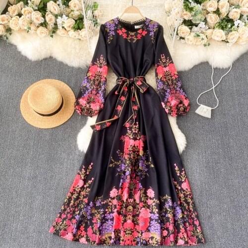 Womens Spring Autumn Runway Fashion Long Sleeve Floral Print Black Long Dress Female Vintag Chic Travel Party Beach Dress TB938