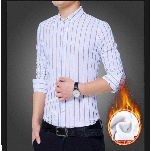 Winter fashion business leisure warm fleece shirt turn down collar long sleeves slim stripe shirt casual blouse tops plus size5X