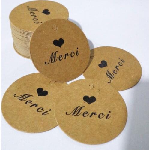 100pcs Round Merci Kraft Gift Tags With Heart Design Packing Gift Hang Tag Kraft Paper Tags Label Cards