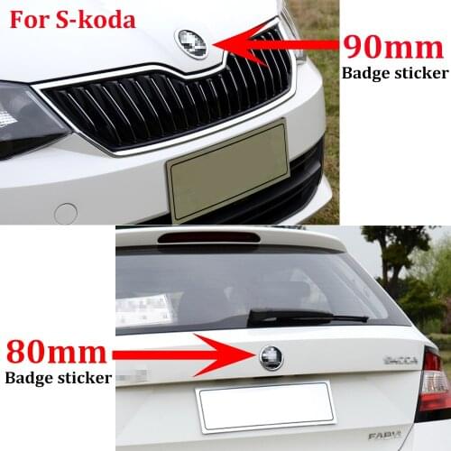 2pcs 80mm 90mm 3D Car Emblem Badge Hood Front Rear Trunk Logo For Skoda Fabia 1 2 Octavia a7 RS Superb Rapid Yeti Karoq Vision