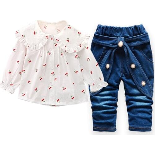 IENENS Girl Long Sleeve Blouses PantsSets Baby Spring Outfits Suits Cute Child Casual Cherry Shirts Outing Wear Fit 1-3 Years