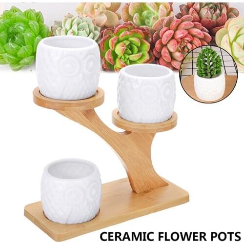 Ceramic Flower Plant Pot With 3 Tier Bamboo Shelf Stand Home Garden Decor Desk Office Decoration Ornament Wear Resistance