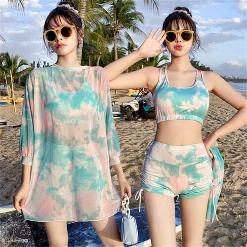New Three Pieces Tie-Dye Bikini Set Beachwear Push-Up Swimwear Sunscreen Long Sleeve Bikini Ladies Sexy Tops Shorts Swimsuit