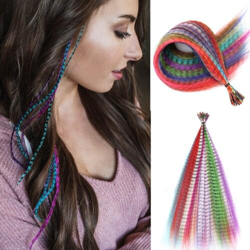 Fake Feather Hair Pieces Extensions Rainbow Colored Kanekalon for Hair Extension Accessories without clips for Girls 2021