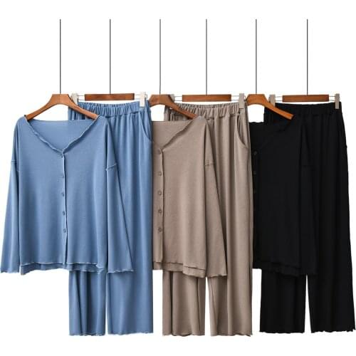 2019 Autumn Pajamas Womens New Cotton Long Sleeve Large Size Pijama Mujer V-Neck Splicing Cardigan Loungewear Women Home Clothes