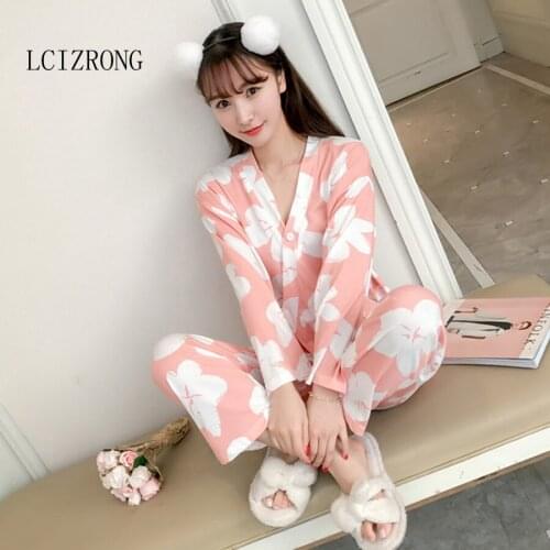Fashion Floral Print 2pcs Pajamas Set Women Japanese Style V-neck Long Sleeve Sleepwear Nightgown Female Casual Loose Homewear