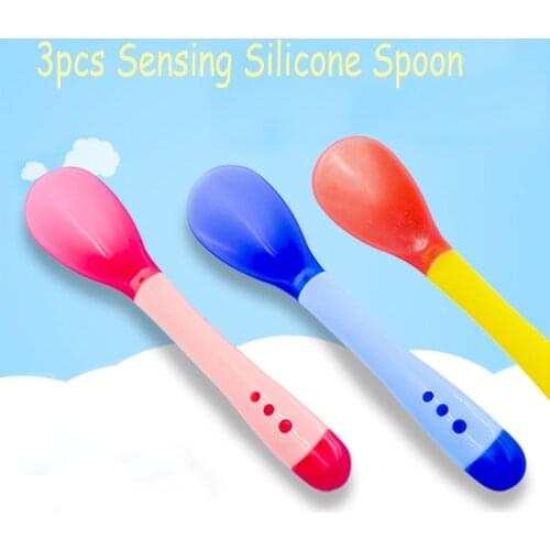 Rosiky 3pcs Baby Feeding Silicon Spoon Baby Safety Temperature Sensing Kids Flatware Feeding Spoons