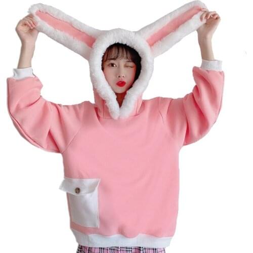 Autumn Winter Kawaii Plush Rabbit Long Ears Hooded Sweatshirts Women Pink Hoodies Casual Pocket Pullover Top Harajuku Streetwear