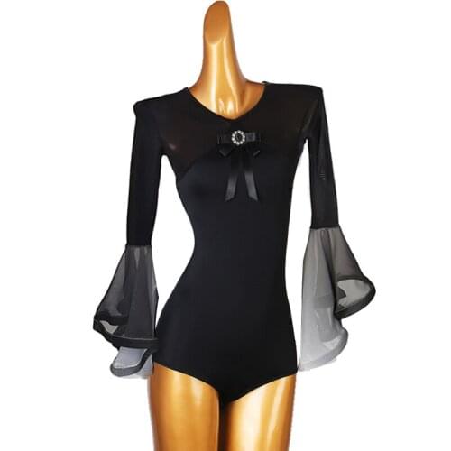 Trumpet Long-Sleeved Modern Dance One-Piece Tops Latin Dance Costumes For Women Chacha Ballroom Dance Performance Wear DQS6484
