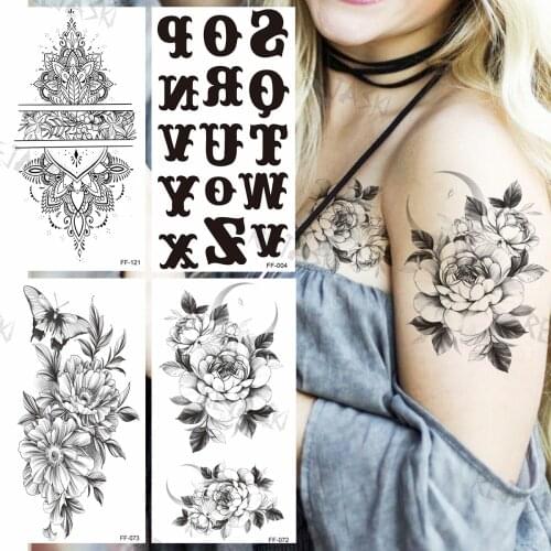 Moon Flower Temporary Tattoos For Women Girls Realistic Alphabet Butterfly Henna Fake Tattoo Stickers Waterproof Arm Chest Tatoo