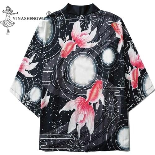 Japanese Kimono Shirt Tops Summer New Casual Jacket Couple Yukata Japanese Streetwear Kimono Loose Carp Playing Beads Printing