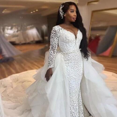 YIWUMENSA Luxury African Long Sleeve Mermaid Wedding Dresses V Neck Beaded Lace Detachable Train Bridal Gown Robe De Mariee 2021