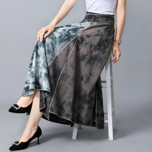 Elastic High Waist A-Line Midi Skirts Women Vintage Print Splicing Loose Casual Elegant Temperament Pleated Skirts Female 2021