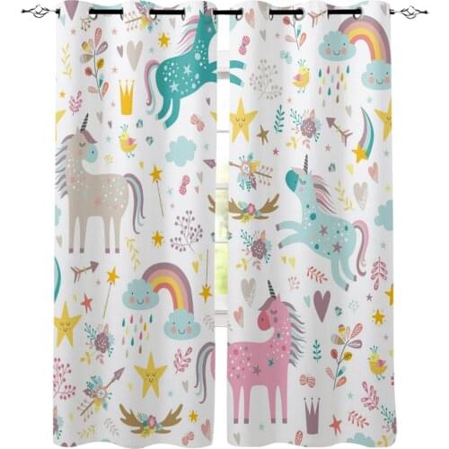 Unicorn Flower Rainbow Cloud Window Curtains Bedroom Kitchen Decor Curtain Panel Window Curtains for Living Room