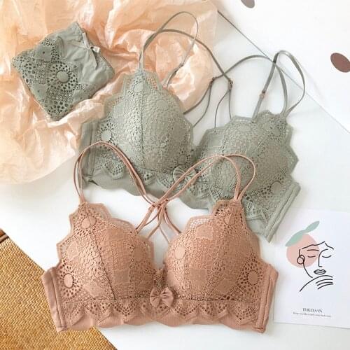 Wasteheart Winter Women Fashion Green Bra Sets Lace Bow Bralette Panties Cross Straps Wireless Underwear Sexy Lingerie Sets A B