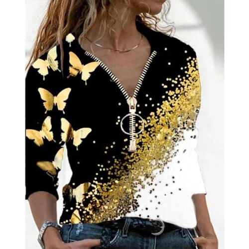 2021 Women Autumn Spring Long Sleeve T Shirt Tops V Neck Zipper Butterfly Print Casual Plus Size 5XL Pullover T-shirt Fall Tops