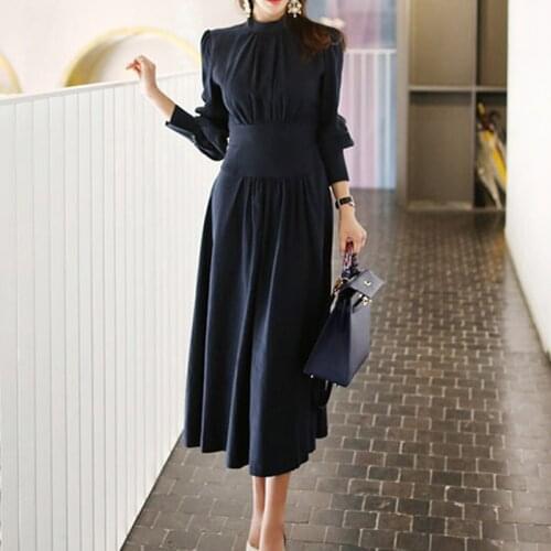 Office Ladies Stand Collar Lantern Sleeve Women Dress Elegant Slim Waist A-line Ruched Female Long Dress Party Vestidos femme