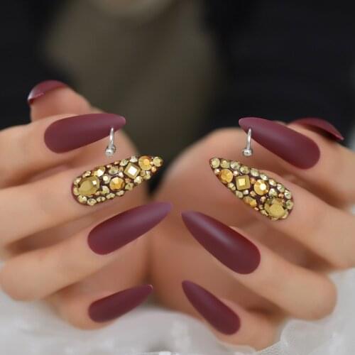 Golden Fake Diamond RhineStone With Design Nails Ring Simple Design Cool Extra Long Stiletto Sharp Sexy Gelx Nails Pure Color