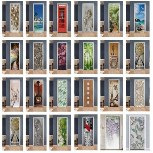 3D PVC Self Adhesive Door Sticker For Living Room Bedroom DIY Sea View Tree Doors Poster Home Design Art Wall Stickers Wallpaper