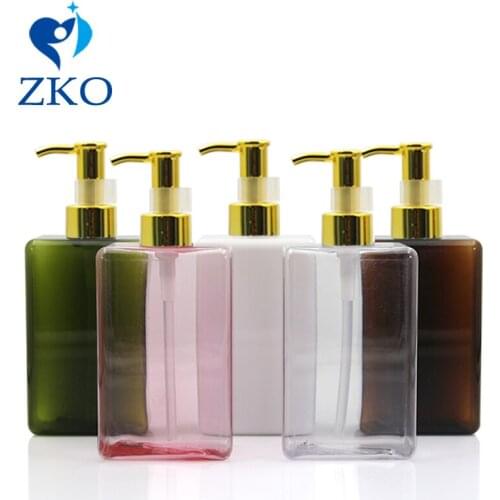 5pcs 300ml PETG Rectangular Bottle Golden Aluminum Oil Pump Refillable Lotion Bottle Empty Cosmetic Containers (Safety Buckles)