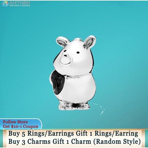 Ahthen 925 Sterling Silver Beads Rino The Rhinoceros Charms fit Original Pandora Bracelets for Women Jewelry Making Girl Gift