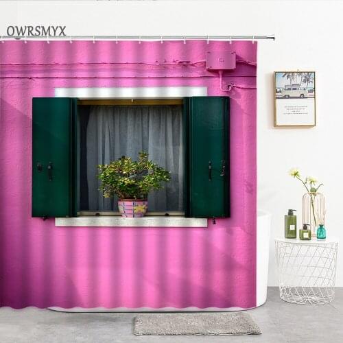 Wooden Window On Vintage Pink Wall Shower Curtains Bath Curtain Home Decor Background Wall Bath Accessories Bathroom Products