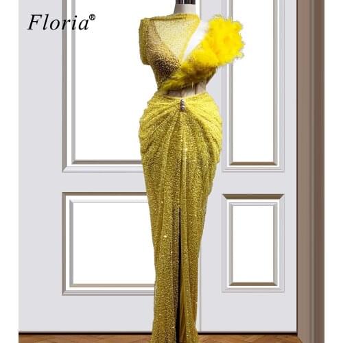 Dubai Yellow Sequins Evening Dresses Long Mermaid Robe De Soiree Arabic Prom Gowns Party Turkish Couture Abendkleider Customize