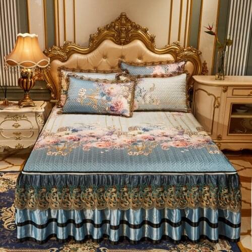 Europe Lace Floral Summer Quilted Bedspread Zipper Folding Bed Cover Ice Silk Cooling Bed Sheets Soft Mat Pillow Shams 3pcs