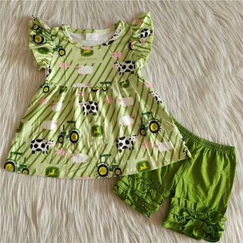 Farm Tractor Grass Milk Silk Top Green Shorts Girls Summer Suits Kids Hot Sale Good Quality Clothing Childrens New Boutique Sets