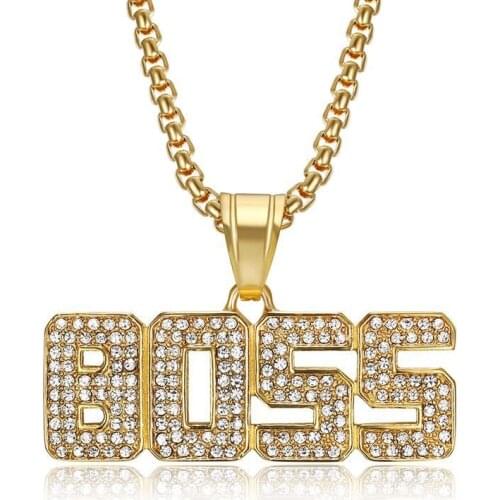 Hip Hop Letter Boss Pendant Necklaces for Men Women Gold Color Stainless Steel Iced Out CZ Necklace Bling Jewelry Dropsinpping